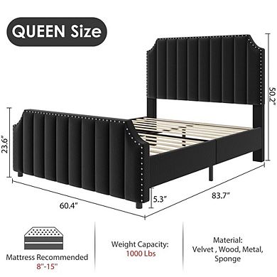 Velvet Upholstered King Platform Bed with Tufted Headboard, Footboard and Nailhead Trim