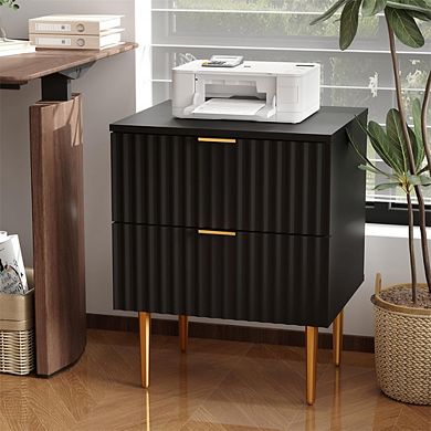 Modern Fluted Nightstand with Charging Station - 2 Drawers with Gold & Wood Accents