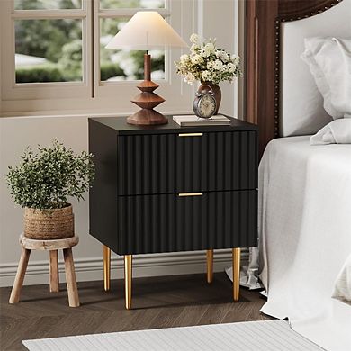 Modern Fluted Nightstand with Charging Station - 2 Drawers with Gold & Wood Accents