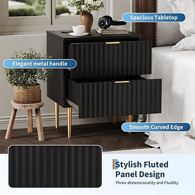 Modern Fluted Nightstand with Charging Station - 2 Drawers with Gold & Wood Accents