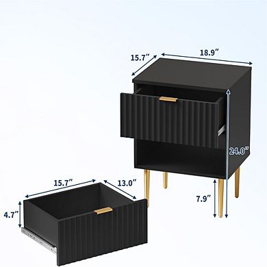 Modern Fluted Nightstand with Charging Station - 2 Drawers with Gold & Wood Accents
