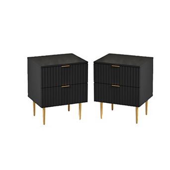 Modern Fluted Nightstand with Charging Station - 2 Drawers with Gold & Wood Accents