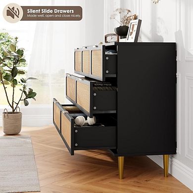 Modern Tall Dresser with Rattan Drawers and Wide Top