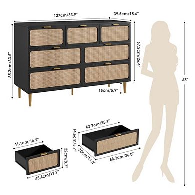 Modern Tall Dresser with Rattan Drawers and Wide Top