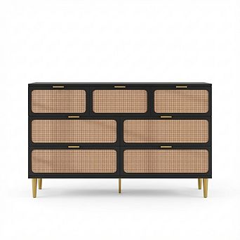 Modern Tall Dresser with Rattan Drawers and Wide Top