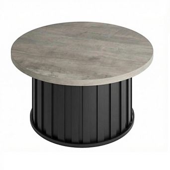 31.9" Round Coffee Table, Mid Century Modern Coffee Table with Metal Base, Fluted Center Table