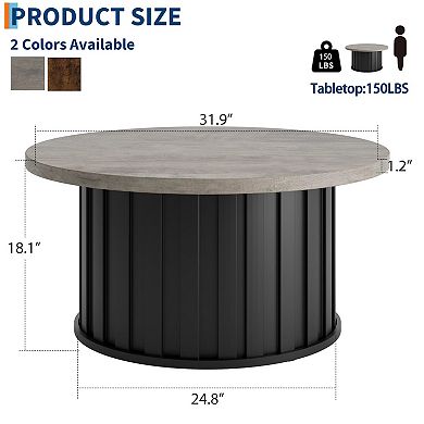 31.9" Round Coffee Table, Mid Century Modern Coffee Table with Metal Base, Fluted Center Table