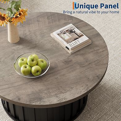 31.9" Round Coffee Table, Mid Century Modern Coffee Table with Metal Base, Fluted Center Table