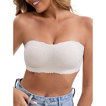 Women's Floral Lace Strapless Wireless Tube Bras Anti-Slip Push Up Lightweight Soft Padded Bandeau