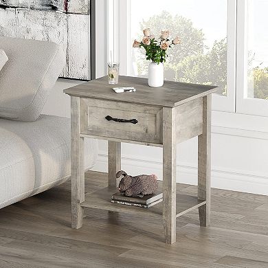 Bedside Table 2 Set with Shelf & Drawer Wooden Side Table, Sofa Side Table for Bedroom, Living Room