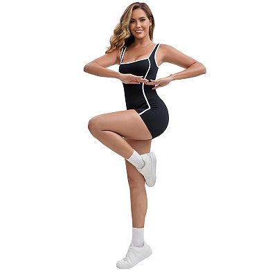 Women's Color Block Square Neck Sleeveless Seamless Jumpsuits Slimming Waist Tummy Control Bodysuits