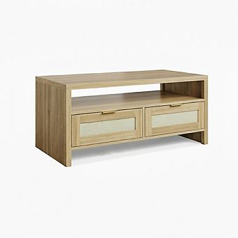 40 in Rattan Coffee Table for Living Room, Boho Coffe Tables w/2 Drawers, Modern Coffee Table