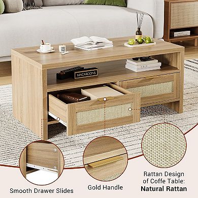 40in Rattan Coffee Table for Living Room, Boho Coffe Tables w/2 Drawers, Modern Coffee Table