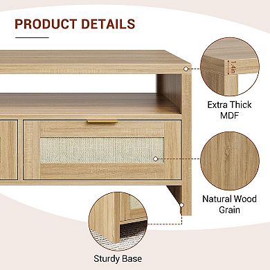 40in Rattan Coffee Table for Living Room, Boho Coffe Tables w/2 Drawers, Modern Coffee Table