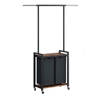 Rolling Laundry Sorter with Lockable Wheels, Hanging Rack and Utility Shelf