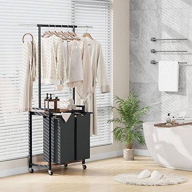 Rolling Laundry Sorter with Lockable Wheels, Hanging Rack and Utility Shelf