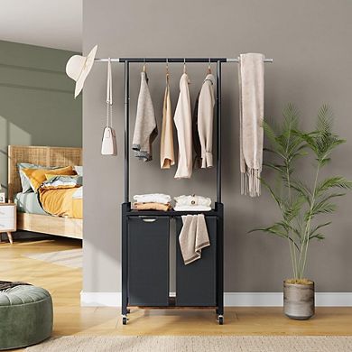 Rolling Laundry Sorter with Lockable Wheels, Hanging Rack and Utility Shelf