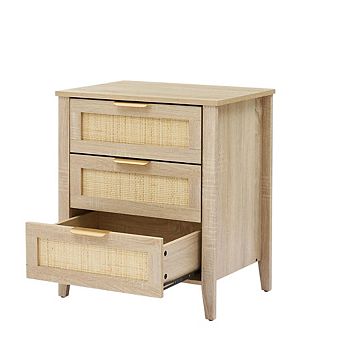 Rattan Nightstand with Three Drawers and Sturdy Wooden Legs