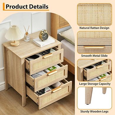 Rattan Nightstand with Three Drawers and Sturdy Wooden Legs