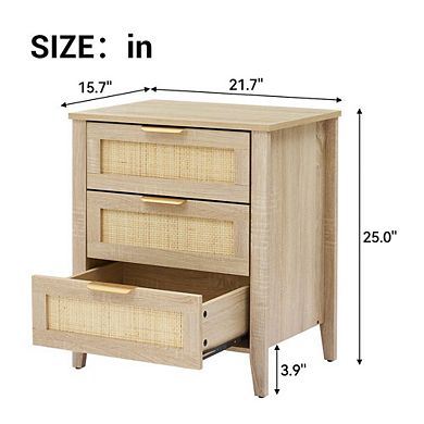 Rattan Nightstand with Three Drawers and Sturdy Wooden Legs