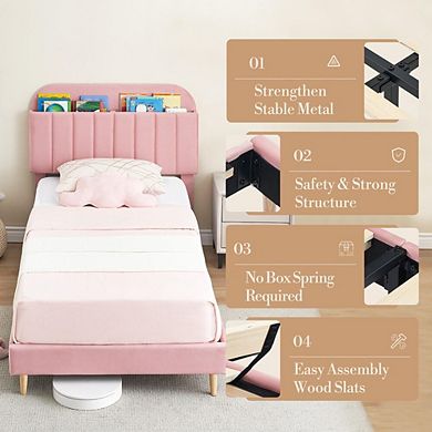 Velvet Upholstered Princess Platform Bed with Storage Bookcase Headboard