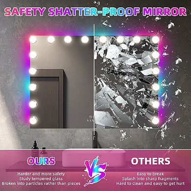 Vanitii Hollywood Mirror With Rgb Lights 18 Led Bulbs 31.50'' x 22.83'' Wall Mount White