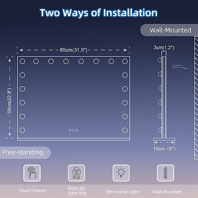 Vanitii Hollywood Mirror With Rgb Lights 18 Led Bulbs 31.50'' x 22.83'' Wall Mount White