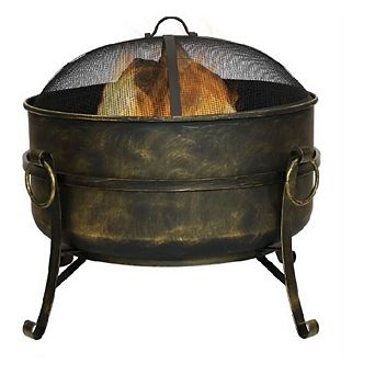 24-Inch Wood Burning Fire Pit with Spark Screen and Poker for Patio and Backyard Use Black and Gold