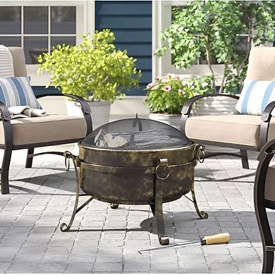 24-Inch Wood Burning Fire Pit with Spark Screen and Poker for Patio and Backyard Use Black and Gold