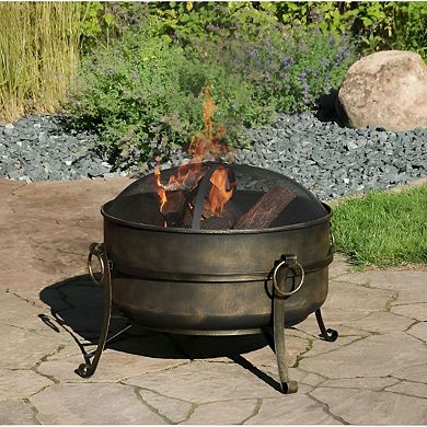 24-Inch Wood Burning Fire Pit with Spark Screen and Poker for Patio and Backyard Use Black and Gold