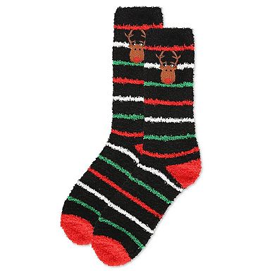 Men's Striped Reindeer Embroidery Cozy Crew Socks