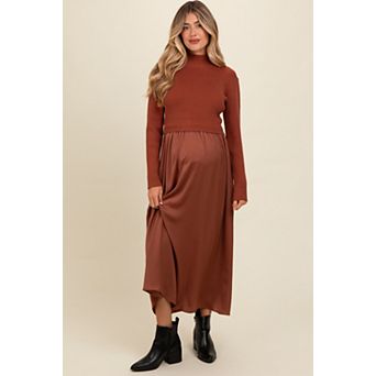 Maternity Knit Contrast Top Satin Midi Dress