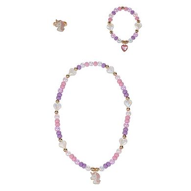 Elli by Capelli 3-Piece Bracelet, Necklace & Ring Set with Hearts & Unicorn Charms