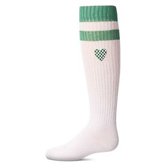 Girls Ribbed Varsity Stripe "Checkered Heart" Cotton Rich Knee Sock