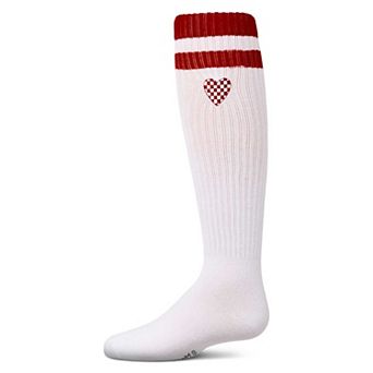Girls Ribbed Varsity Stripe "Checkered Heart" Cotton Rich Knee Sock