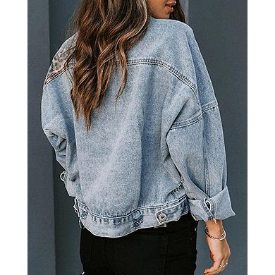 Womens Denim Jean Jacket Button Down Distressed Leopard Long Sleeve Pocketed Jean Coat