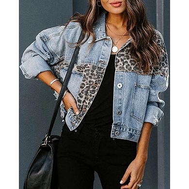Womens Denim Jean Jacket Button Down Distressed Leopard Long Sleeve Pocketed Jean Coat