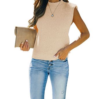 Women's Round Neck Sleeveless Pullover Ribbed Knit Sweater Vest Top