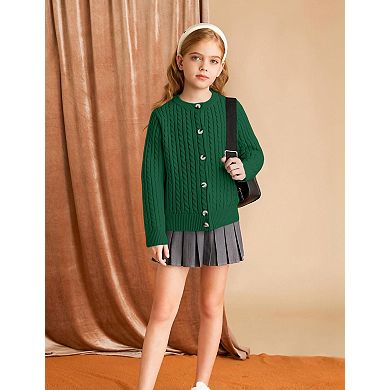 Girls Cable Knit Sweater Cardigans Kids School Uniform Long Sleeve Button Down Fall Jackets