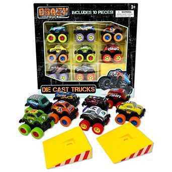 Crazy Truck 10 pc Die-Cast Toy Vehicle Set with Stunt Ramps & Pull-Back Action