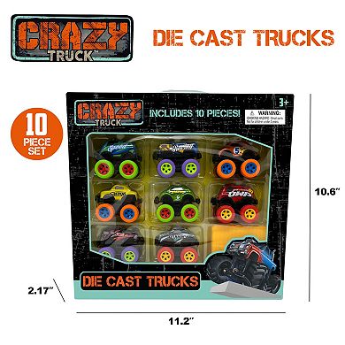 Crazy Truck 10-Piece Die-Cast Toy Vehicle Set with Stunt Ramps & Pull-Back Action
