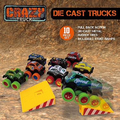 Crazy Truck 10-Piece Die-Cast Toy Vehicle Set with Stunt Ramps & Pull-Back Action