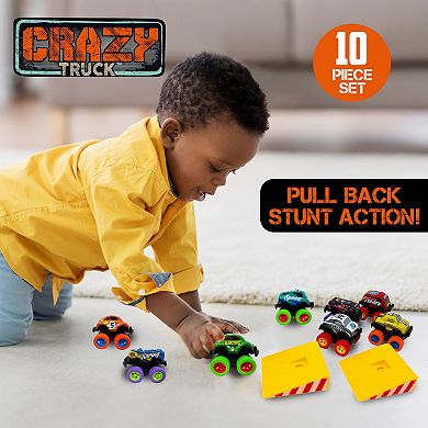 Crazy Truck 10-Piece Die-Cast Toy Vehicle Set with Stunt Ramps & Pull-Back Action