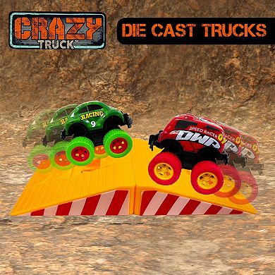 Crazy Truck 10-Piece Die-Cast Toy Vehicle Set with Stunt Ramps & Pull-Back Action