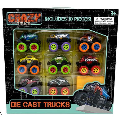 Crazy Truck 10-Piece Die-Cast Toy Vehicle Set with Stunt Ramps & Pull-Back Action
