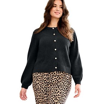 ellos Plus Size Stretch Pearl Button Front Cardigan Sweater