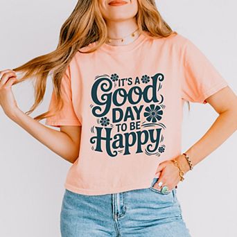 It's A Good Day To Be Happy Flowers - Women's Boxy Crop Top Graphic T-Shirt