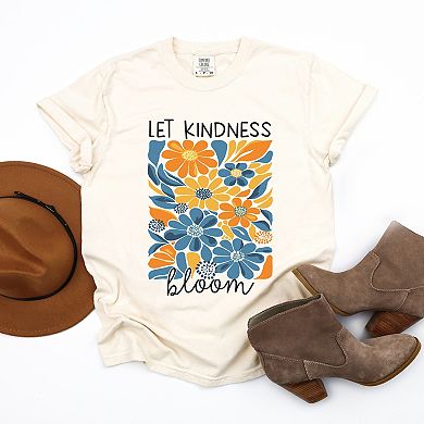 Let Kindness Bloom Blue and Orange Flowers - Women's Garment Dyed Graphic T-Shirt