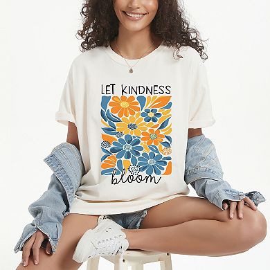 Let Kindness Bloom Blue and Orange Flowers - Women's Garment Dyed Graphic T-Shirt