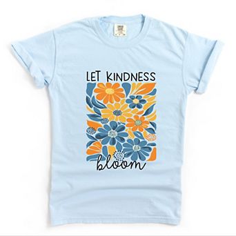 Let Kindness Bloom Blue and Orange Flowers - Women's Garment Dyed Graphic T-Shirt